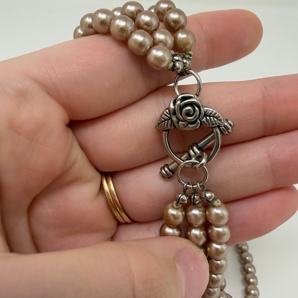 Beige Multi-Strand Beaded Necklace Toggle Clasp Statement Jewelry